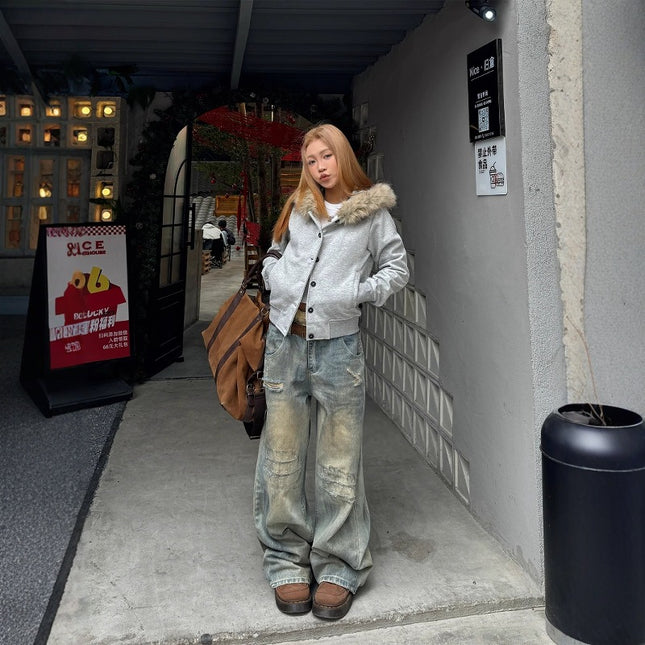 American Stitching Double Waist High Street Make Old Ripped Dirty Jeans All-match