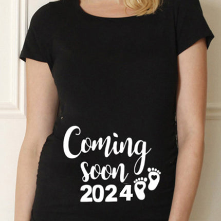 Black Pregnancy Shirt Maternity Cute Baby Print O-Neck Short