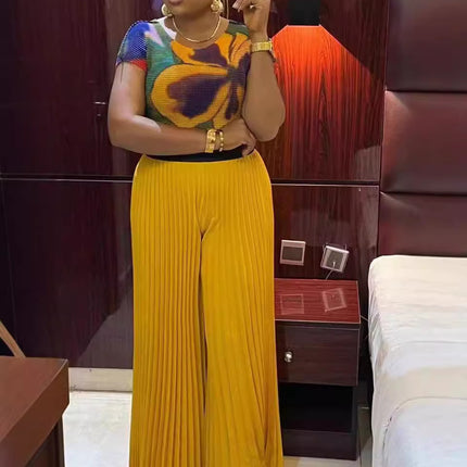 Fashion Plus Size Women Suit Pleated Print Short-sleeved Wide-leg Pants