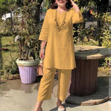 Fashion Pullover Solid Color Temperament Commute Ethnic Style Long Sleeve Clothes Two-piece Suit