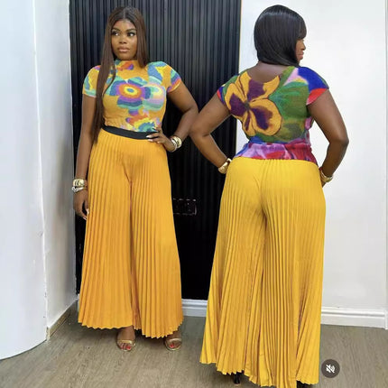 Fashion Plus Size Women Suit Pleated Print Short-sleeved Wide-leg Pants