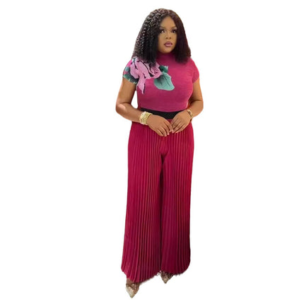 Fashion Plus Size Women Suit Pleated Print Short-sleeved Wide-leg Pants
