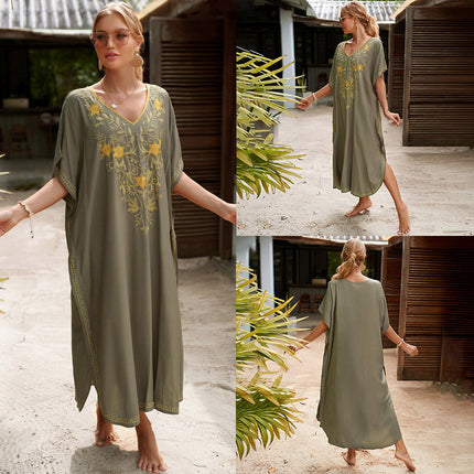 Outerwear Cover-up Rayon Embroidery Plus Size Long Dress Women