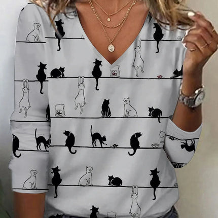 Fall Winter Fashion Printing Long-sleeve T-shirt Sexy Temperament Collar Top Slim Women's Clothing Animal And Plant Printing