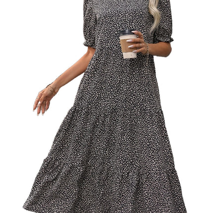 Casual Bohemian Dress Leopard Print Floral Print Pleated Puff Sleeve Jumpsuit