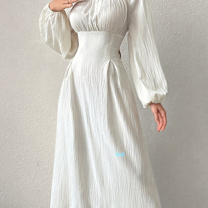 Stunning Textured Cross Tie Lantern Sleeve Midi Dress