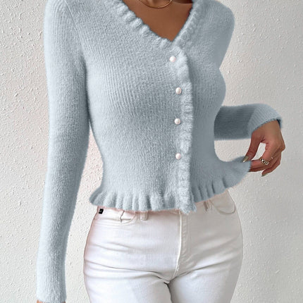 Knitted Cardigan Gentle Temperament Wooden Ear Pearl Buckle Sweater For Women