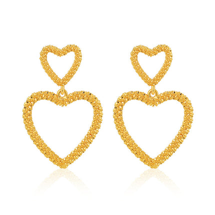 Color Retention Copper Plating 18K Real Gold Overlapping Design Double Layers Loving Heart Earrings
