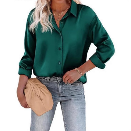 Women's Satin Top Long Sleeve Button Shirt Autumn