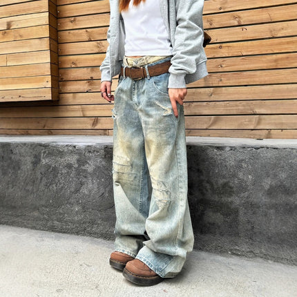 American Stitching Double Waist High Street Make Old Ripped Dirty Jeans All-match