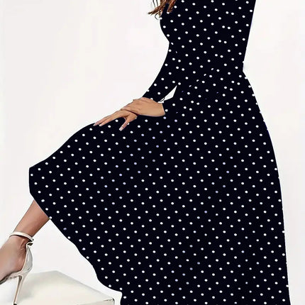European And American Elegant Polka Dot Printed Round Neck Long Sleeve Pocket Dress