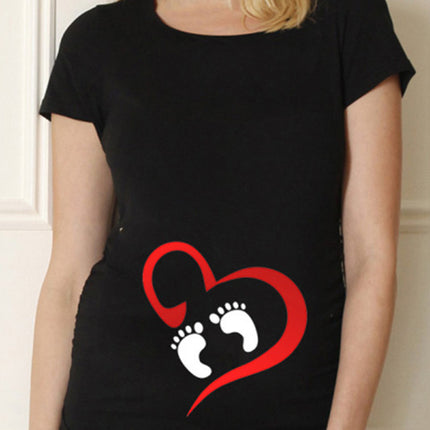 Black Pregnancy Shirt Maternity Cute Baby Print O-Neck Short