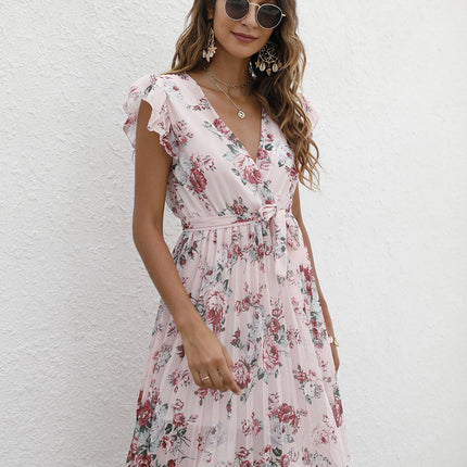 V-neck Waist-controlled Lace-up Printing Dress