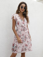 V-neck Waist-controlled Lace-up Printing Dress
