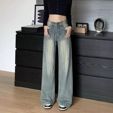 High Waist Striped Blue Loose Wide Leg Jeans Women Draped Pants