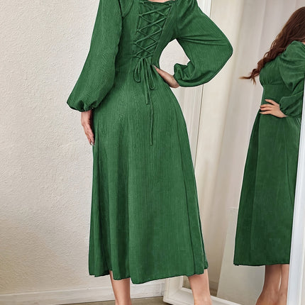 Stunning Textured Cross Tie Lantern Sleeve Midi Dress
