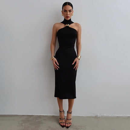 Summer New Women's Sexy Hot Girl Turtleneck Solid Color Dress
