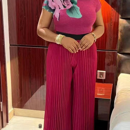 Fashion Plus Size Women Suit Pleated Print Short-sleeved Wide-leg Pants