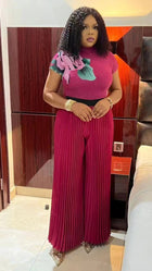 Fashion Plus Size Women Suit Pleated Print Short-sleeved Wide-leg Pants