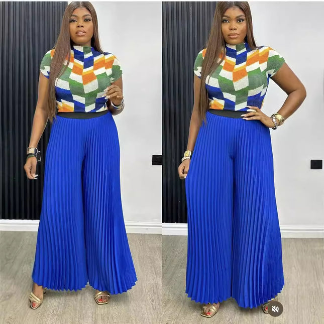 Fashion Plus Size Women Suit Pleated Print Short-sleeved Wide-leg Pants
