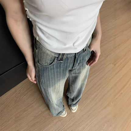 High Waist Striped Blue Loose Wide Leg Jeans Women Draped Pants