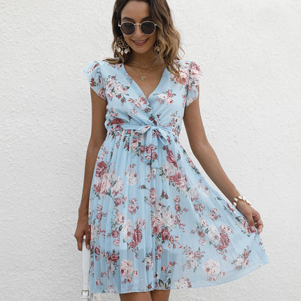 V-neck Waist-controlled Lace-up Printing Dress