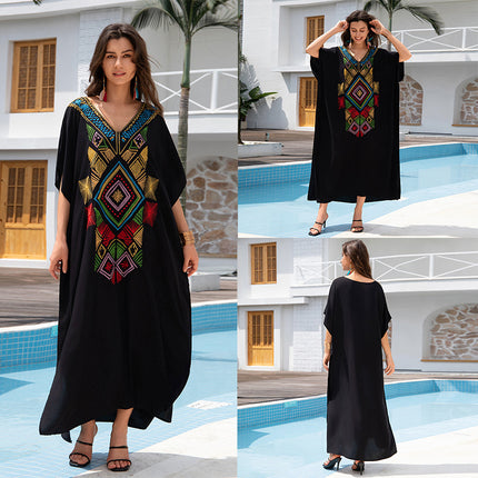 Outerwear Cover-up Rayon Embroidery Plus Size Long Dress Women
