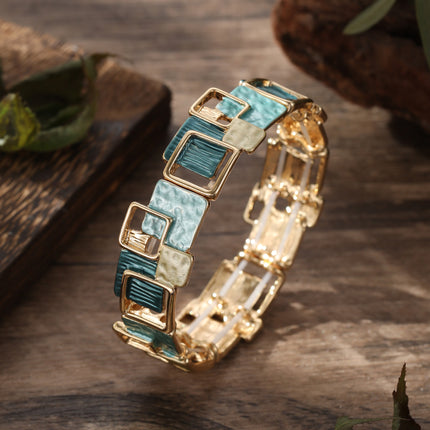 Color Painting Oil Geometric Square Ear Studs Bracelet And Necklace Set