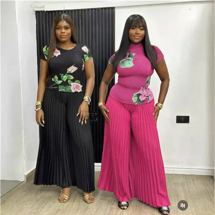 Fashion Plus Size Women Suit Pleated Print Short-sleeved Wide-leg Pants