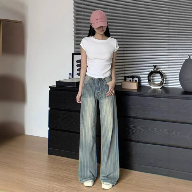 High Waist Striped Blue Loose Wide Leg Jeans Women Draped Pants