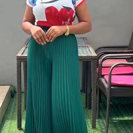 Fashion Plus Size Women Suit Pleated Print Short-sleeved Wide-leg Pants