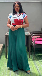Fashion Plus Size Women Suit Pleated Print Short-sleeved Wide-leg Pants