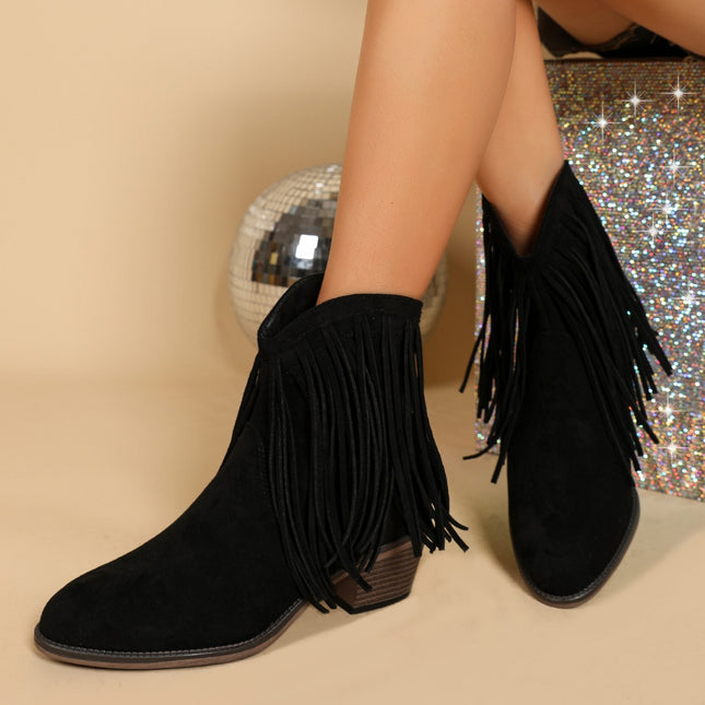 Women's Retro Pointed-toe Frosted Tassel Chunky Heel Martin Boots