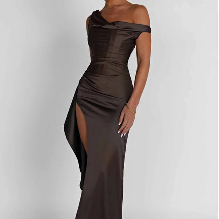 Women's Slant Shoulder Satin Waist Dress