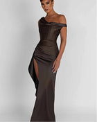 Women's Slant Shoulder Satin Waist Dress