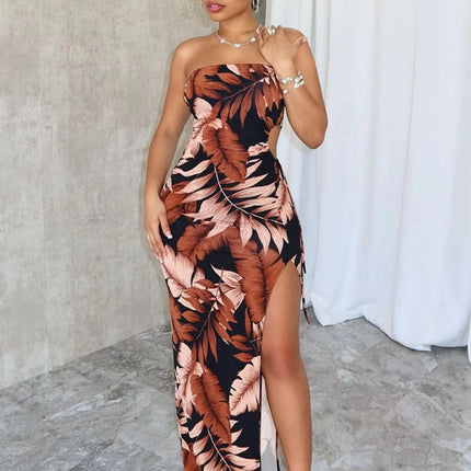 Women's Wrapped Chest Flower Print High Slit Long Dress
