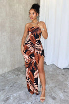 Women's Wrapped Chest Flower Print High Slit Long Dress