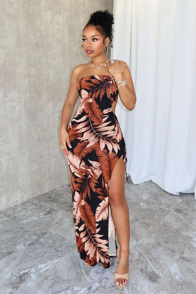 Women's Wrapped Chest Flower Print High Slit Long Dress
