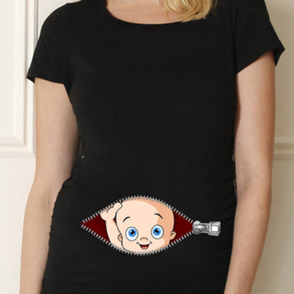 Black Pregnancy Shirt Maternity Cute Baby Print O-Neck Short