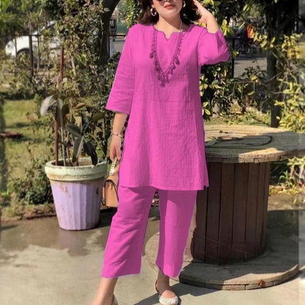 Fashion Pullover Solid Color Temperament Commute Ethnic Style Long Sleeve Clothes Two-piece Suit
