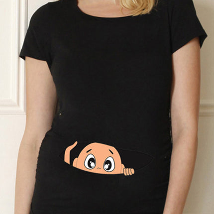 Black Pregnancy Shirt Maternity Cute Baby Print O-Neck Short
