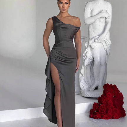 Women's Slant Shoulder Satin Waist Dress