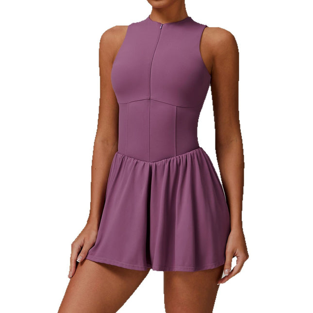 Women's Solid Color False Two-piece Stand Collar A- Line Dress
