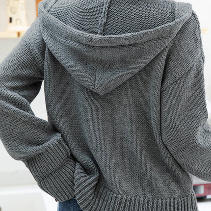 Hooded Knitted Long-sleeved Breasted Cardigan Drawstring Sweater