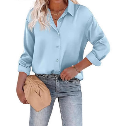 Women's Satin Top Long Sleeve Button Shirt Autumn