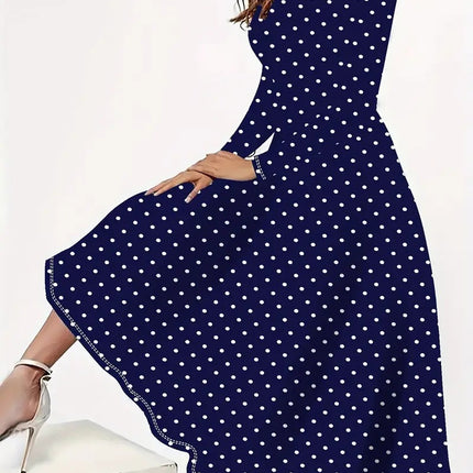 European And American Elegant Polka Dot Printed Round Neck Long Sleeve Pocket Dress