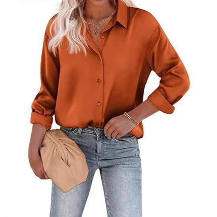 Women's Satin Top Long Sleeve Button Shirt Autumn