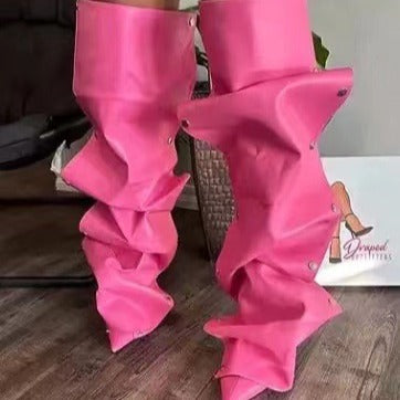 Denim Stitching Casual Two-way Pile Style Knee-length Boots