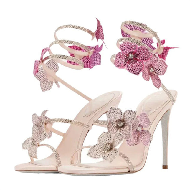 Snakelike Winding Lace Flowers Around Ankle Ring Stiletto Heels