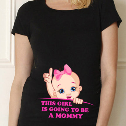 Black Pregnancy Shirt Maternity Cute Baby Print O-Neck Short